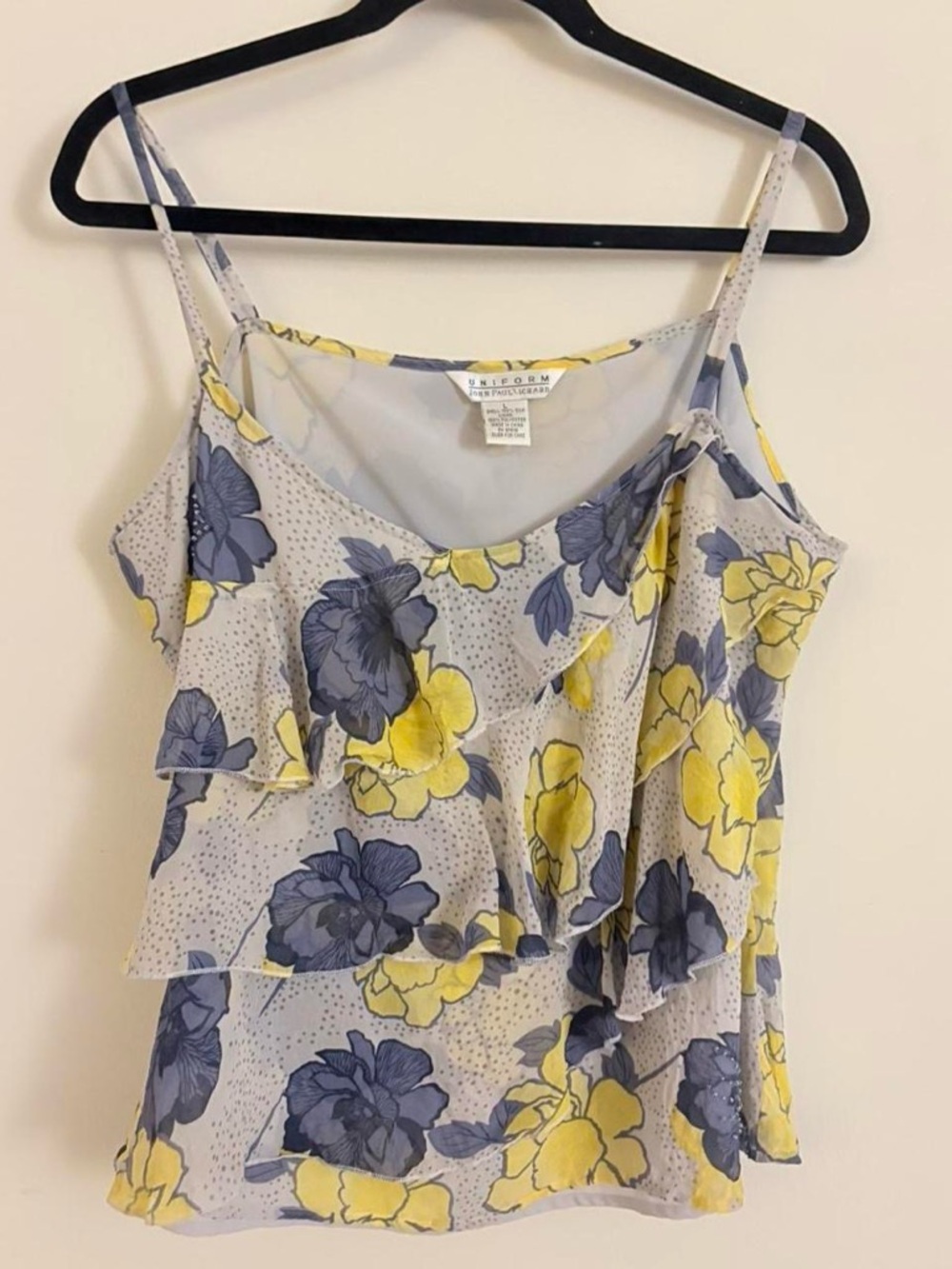 JohnPaulRichard Yellow & Gray Floral Silk Ruffle Cami with beading size L